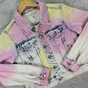 Y2K Pastel Tie Dye Cropped Denim Jacket Soft Girl Festival Grunge Sz S Acid Wash